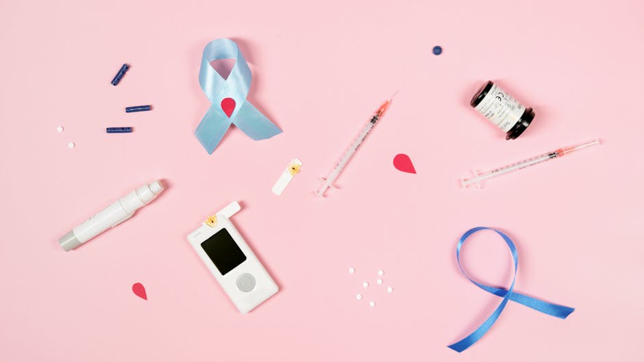pexels photo 6823670 6823670 A flat lay image showcasing diabetes awareness items including insulin supplies and a blue ribbon on a pink background.